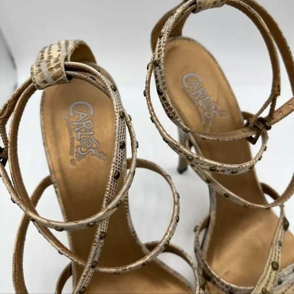 👠Carlos Santana Strappy Studded Bad Ass Reptile Golden Pointed Toe Stilettos👠 - Picture 8 of 10